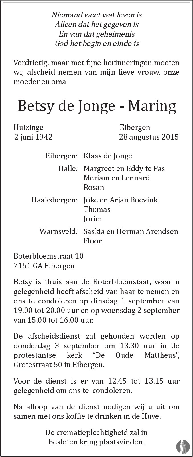 overlijdensadvertentie betsy de jonge-maring in 2015.